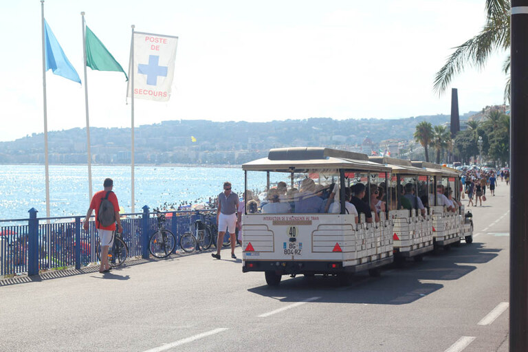 The tourist train travelling along Nice’s Promenade des Anglais